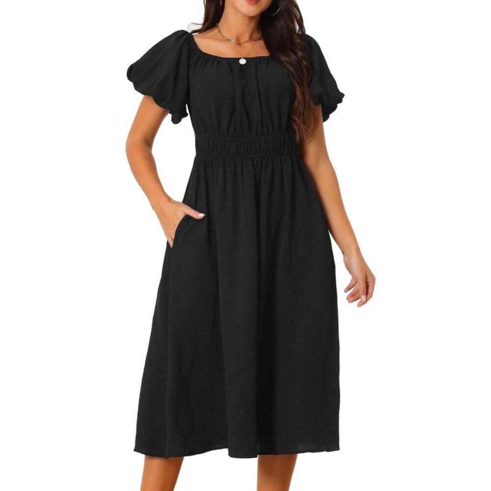 Seta T | Dresses | Casual Flowy Puff Short Sleeve Elastic Waist Beach Midi  Dress With Pockets Black | Poshmark